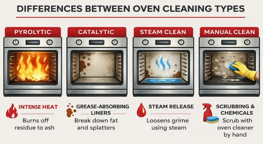 Oven cleaning types comparison showing pyrolytic high-temperature self-cleaning hydrolytic steam-based cleaning and catalytic liner panels side by side to illustrate the three different approaches to reducing manual oven cleaning in built-in ovens