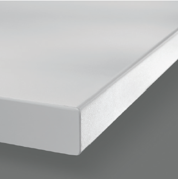 Rounded post-formed edge on a German kitchen laminate worktop showing the smooth continuous curve from the top surface around the front face to the underside with no visible joint at the top corner of the edge profile