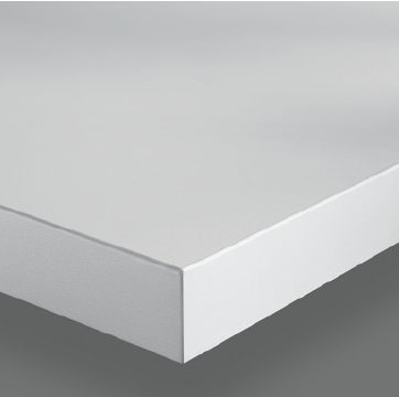 Square edge on a German kitchen laminate worktop showing the clean vertical front face with a sharp 90-degree corner at the top edge profile giving a contemporary minimal appearance suitable for handleless and modern kitchen designs