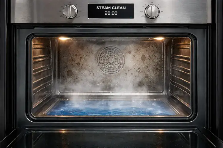 Hydrolytic steam cleaning function in a built-in oven showing the steam-based cleaning cycle where water added to the cavity is heated to generate steam that loosens grease and food splatter making the interior easier to wipe down without the high temperatures of pyrolytic cleaning